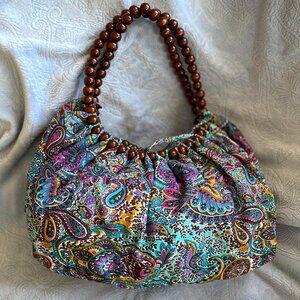 Vibrant Paisley Hobo Bag with Wooden Bead Handles